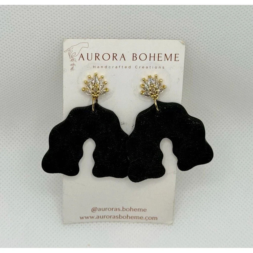 Boho Aurora Boheme Handcrafted Black Texture Arch Dangle Earrings Crystal Studs
